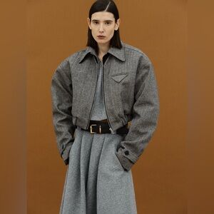 SOURCE UNKNOWN Herringbone Cropped Bomber Jacket Black One Size